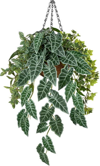 Fake Hanging Plant with Pot, Large Hanging Artificial Plants with Basket & Hanger Faux Greenery Plants Indoor Outdoor Decor Fake Alocasia Longiloba Plant in Pot for Wall Balcony Patio Office Bathroom
