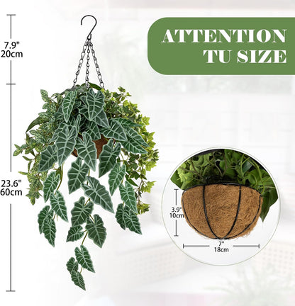 Fake Hanging Plant with Pot, Large Hanging Artificial Plants with Basket & Hanger Faux Greenery Plants Indoor Outdoor Decor Fake Alocasia Longiloba Plant in Pot for Wall Balcony Patio Office Bathroom
