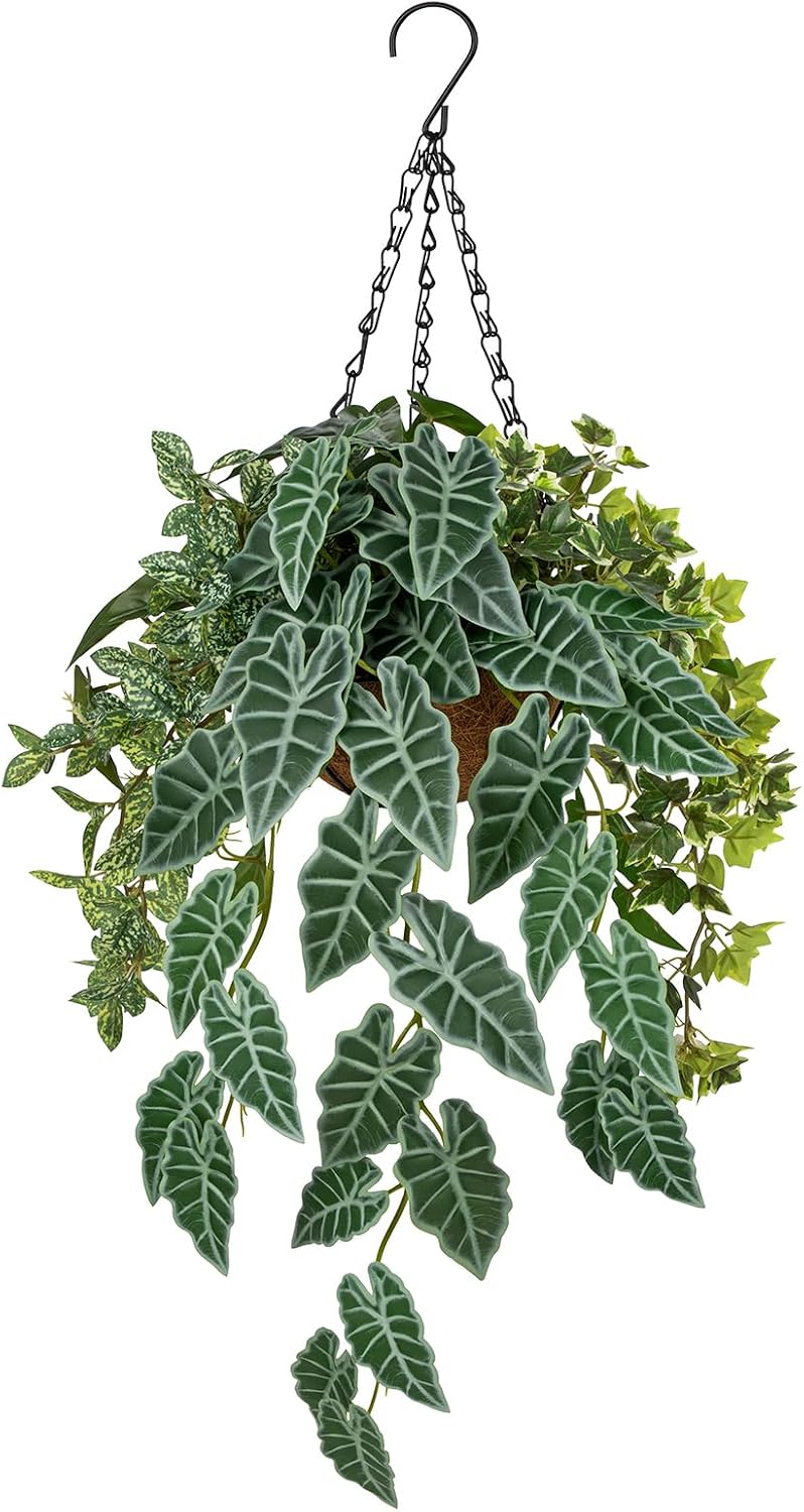Fake Hanging Plant with Pot, Large Hanging Artificial Plants with Basket & Hanger Faux Greenery Plants Indoor Outdoor Decor Fake Alocasia Longiloba Plant in Pot for Wall Balcony Patio Office Bathroom