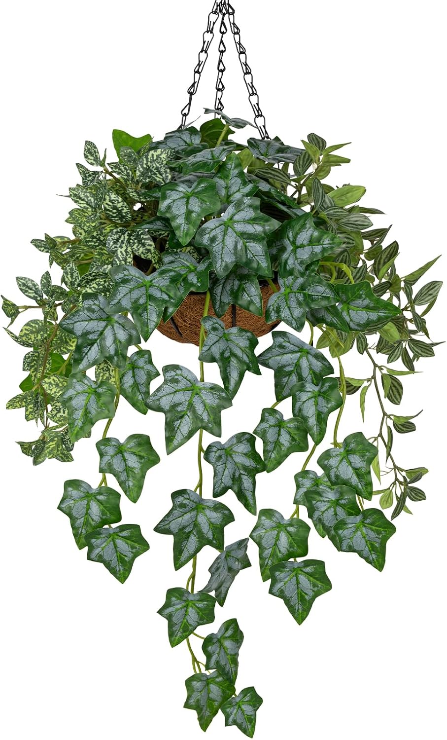 Fake Hanging Plant with Pot, Large Hanging Artificial Plants with Basket & Hanger Faux Greenery Plants Indoor Outdoor Decor Fake Alocasia Longiloba Plant in Pot for Wall Balcony Patio Office Bathroom