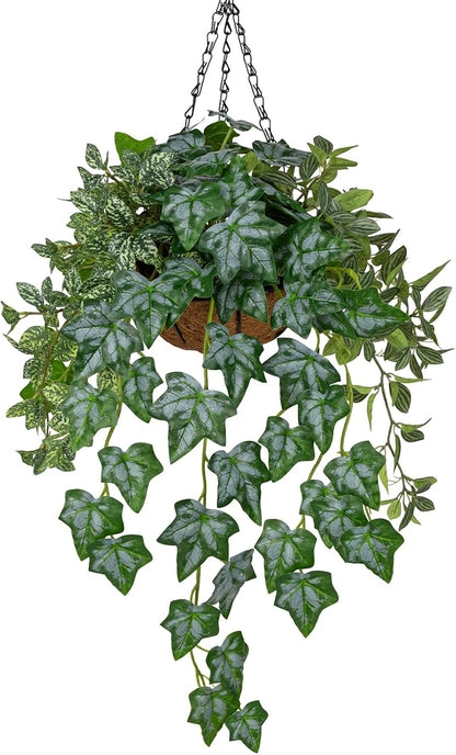 Fake Hanging Plant with Pot, Large Hanging Artificial Plants with Basket & Hanger Faux Greenery Plants Indoor Outdoor Decor Fake Alocasia Longiloba Plant in Pot for Wall Balcony Patio Office Bathroom
