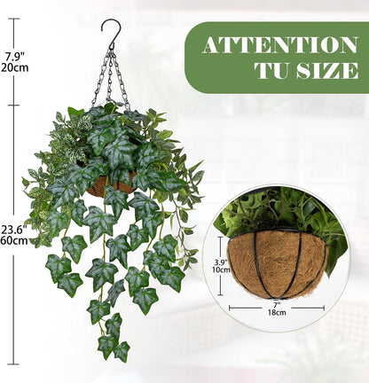Fake Hanging Plant with Pot, Large Hanging Artificial Plants with Basket & Hanger Faux Greenery Plants Indoor Outdoor Decor Fake Alocasia Longiloba Plant in Pot for Wall Balcony Patio Office Bathroom
