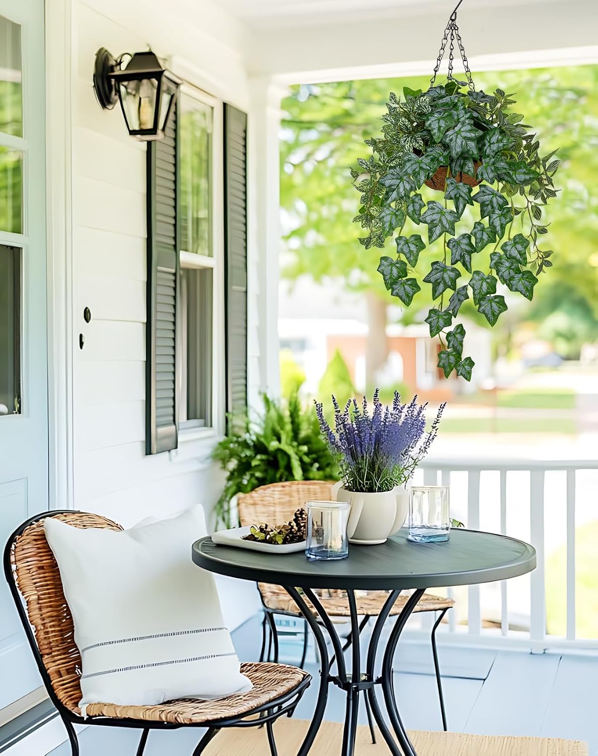 Fake Hanging Plant with Pot, Large Hanging Artificial Plants with Basket & Hanger Faux Greenery Plants Indoor Outdoor Decor Fake Alocasia Longiloba Plant in Pot for Wall Balcony Patio Office Bathroom