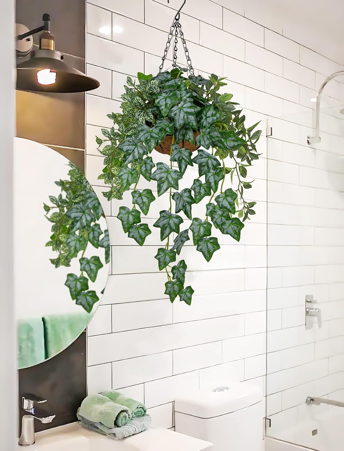 Fake Hanging Plant with Pot, Large Hanging Artificial Plants with Basket & Hanger Faux Greenery Plants Indoor Outdoor Decor Fake Alocasia Longiloba Plant in Pot for Wall Balcony Patio Office Bathroom
