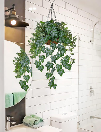 Fake Hanging Plant with Pot, Large Hanging Artificial Plants with Basket & Hanger Faux Greenery Plants Indoor Outdoor Decor Fake Alocasia Longiloba Plant in Pot for Wall Balcony Patio Office Bathroom