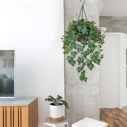 Fake Hanging Plant with Pot, Large Hanging Artificial Plants with Basket & Hanger Faux Greenery Plants Indoor Outdoor Decor Fake Alocasia Longiloba Plant in Pot for Wall Balcony Patio Office Bathroom