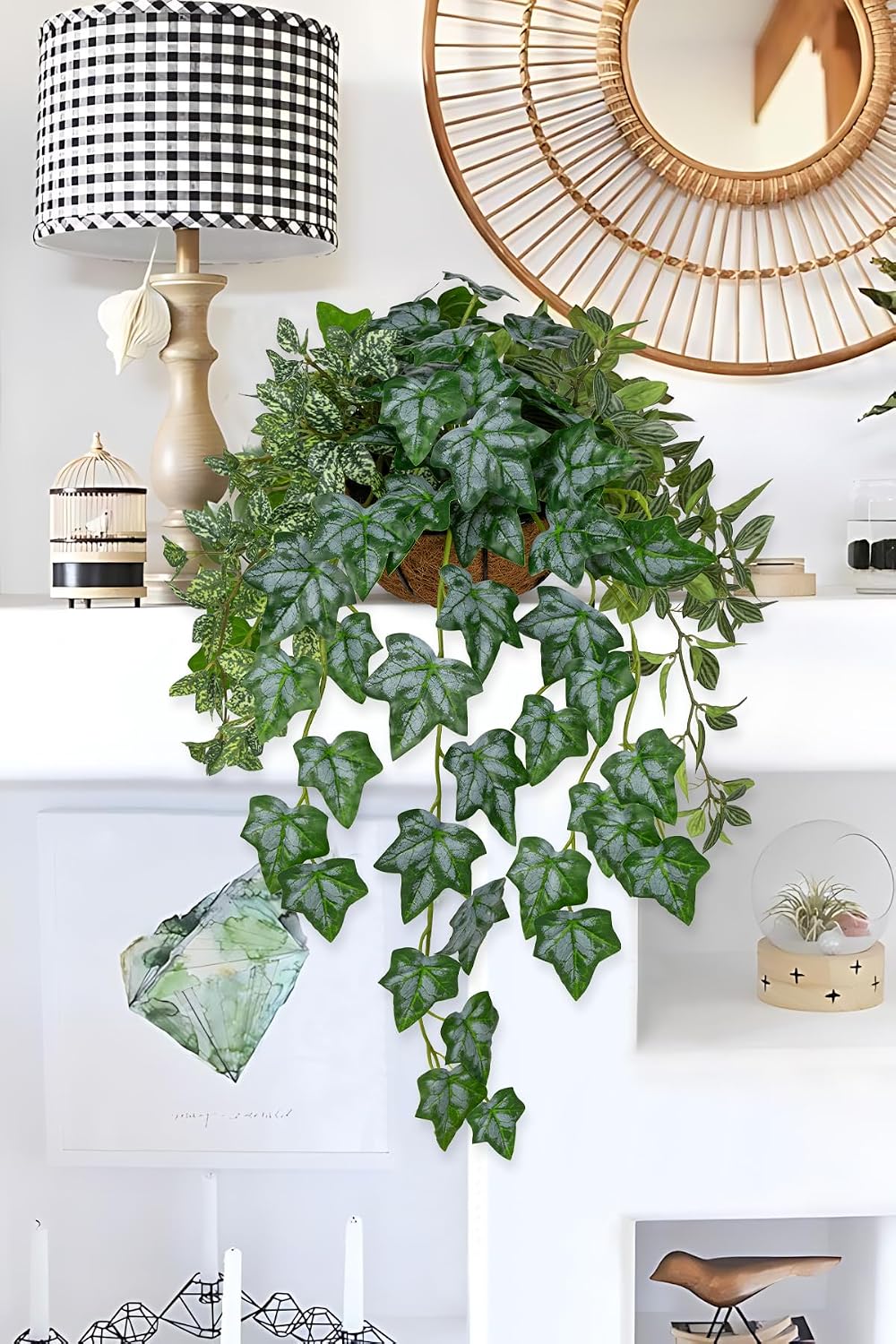 Fake Hanging Plant with Pot, Large Hanging Artificial Plants with Basket & Hanger Faux Greenery Plants Indoor Outdoor Decor Fake Alocasia Longiloba Plant in Pot for Wall Balcony Patio Office Bathroom
