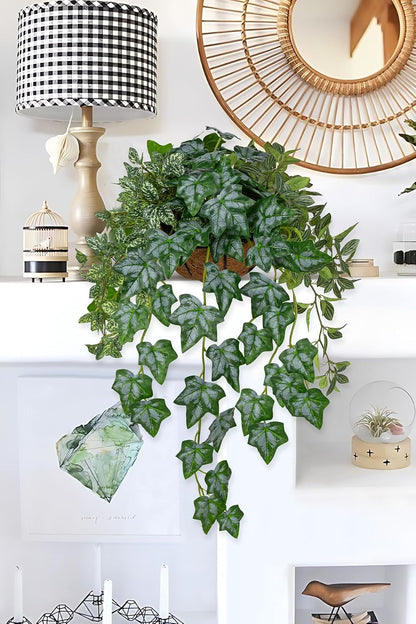 Fake Hanging Plant with Pot, Large Hanging Artificial Plants with Basket & Hanger Faux Greenery Plants Indoor Outdoor Decor Fake Alocasia Longiloba Plant in Pot for Wall Balcony Patio Office Bathroom