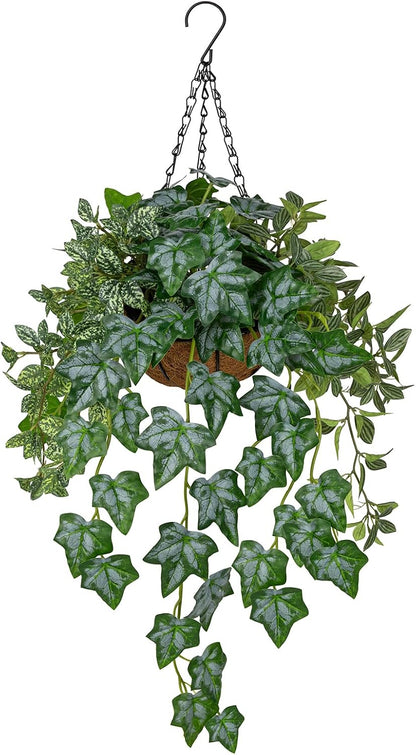 Fake Hanging Plant with Pot, Large Hanging Artificial Plants with Basket & Hanger Faux Greenery Plants Indoor Outdoor Decor Fake Alocasia Longiloba Plant in Pot for Wall Balcony Patio Office Bathroom