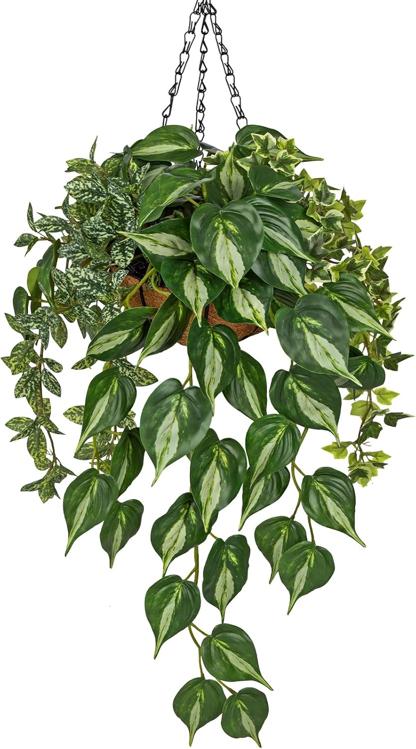 Fake Hanging Plant with Pot, Large Hanging Artificial Plants with Basket & Hanger Faux Greenery Plants Indoor Outdoor Decor Fake Alocasia Longiloba Plant in Pot for Wall Balcony Patio Office Bathroom