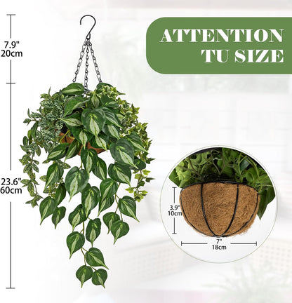 Fake Hanging Plant with Pot, Large Hanging Artificial Plants with Basket & Hanger Faux Greenery Plants Indoor Outdoor Decor Fake Alocasia Longiloba Plant in Pot for Wall Balcony Patio Office Bathroom