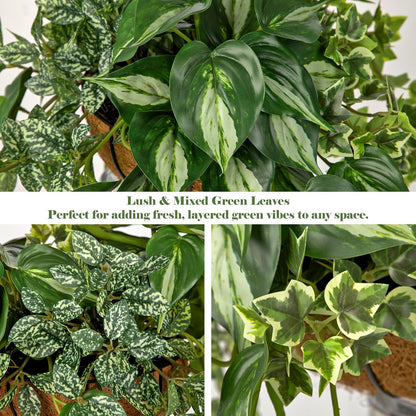 Fake Hanging Plant with Pot, Large Hanging Artificial Plants with Basket & Hanger Faux Greenery Plants Indoor Outdoor Decor Fake Alocasia Longiloba Plant in Pot for Wall Balcony Patio Office Bathroom