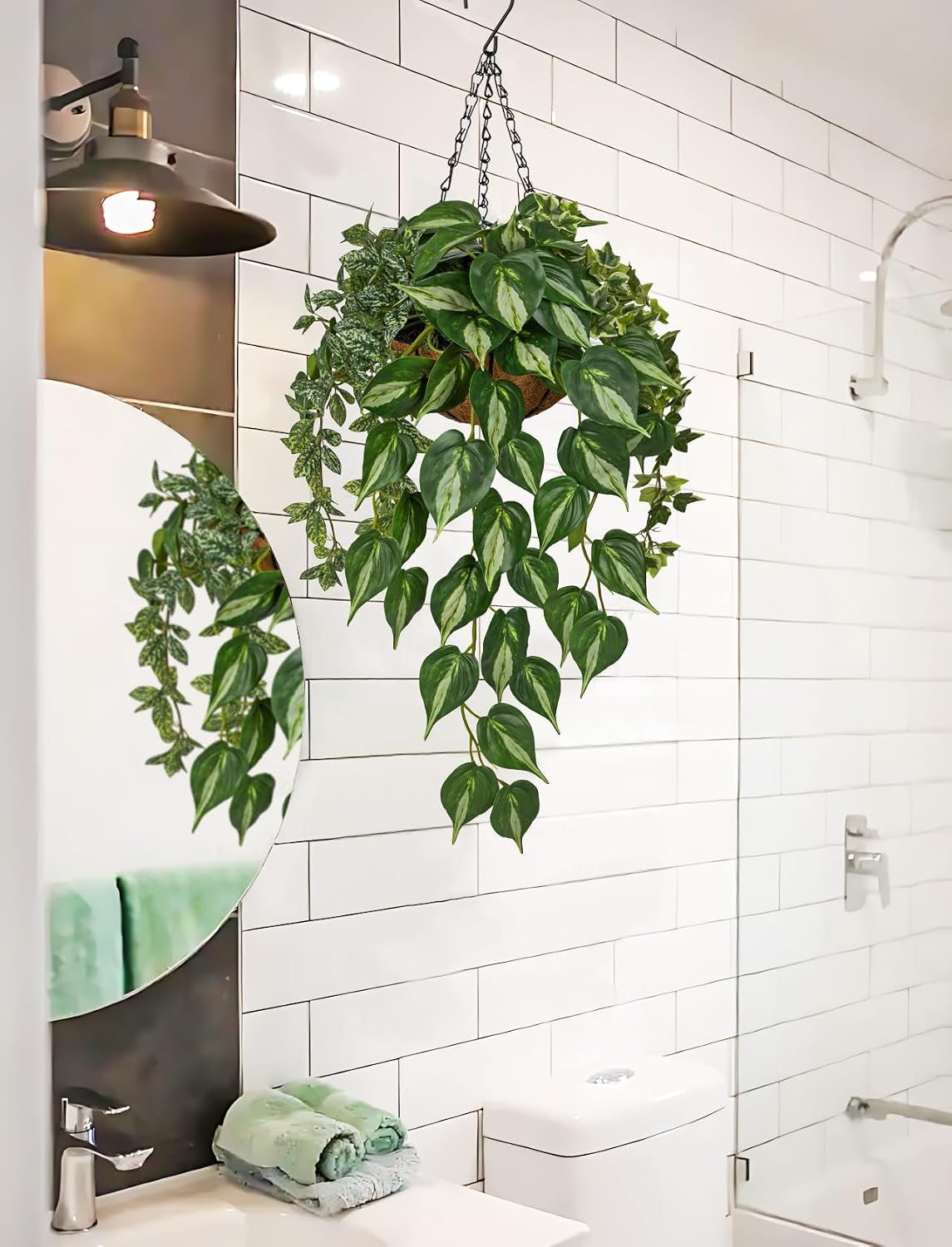 Fake Hanging Plant with Pot, Large Hanging Artificial Plants with Basket & Hanger Faux Greenery Plants Indoor Outdoor Decor Fake Alocasia Longiloba Plant in Pot for Wall Balcony Patio Office Bathroom