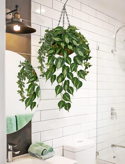 Fake Hanging Plant with Pot, Large Hanging Artificial Plants with Basket & Hanger Faux Greenery Plants Indoor Outdoor Decor Fake Alocasia Longiloba Plant in Pot for Wall Balcony Patio Office Bathroom