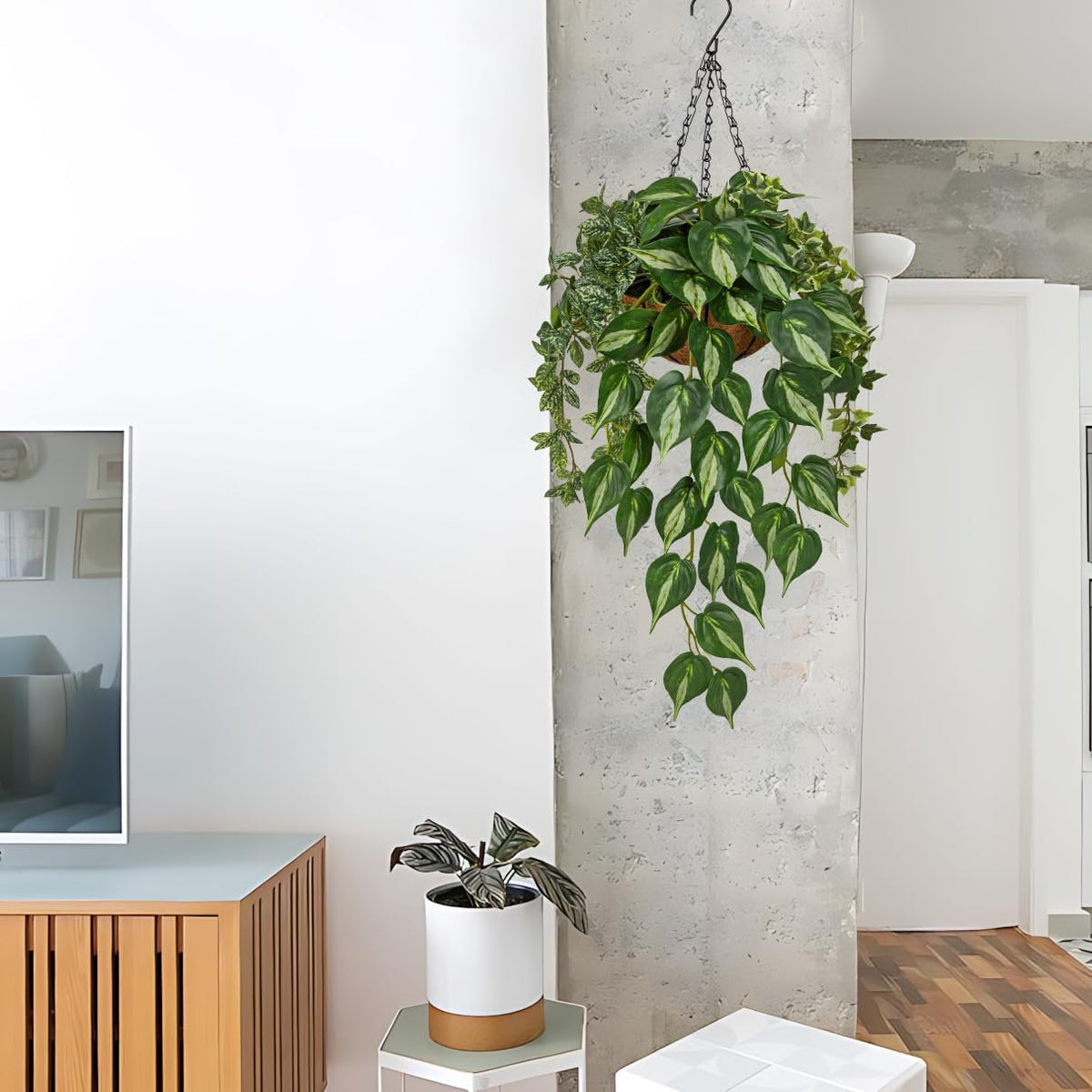 Fake Hanging Plant with Pot, Large Hanging Artificial Plants with Basket & Hanger Faux Greenery Plants Indoor Outdoor Decor Fake Alocasia Longiloba Plant in Pot for Wall Balcony Patio Office Bathroom
