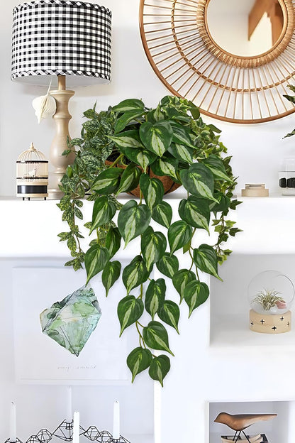 Fake Hanging Plant with Pot, Large Hanging Artificial Plants with Basket & Hanger Faux Greenery Plants Indoor Outdoor Decor Fake Alocasia Longiloba Plant in Pot for Wall Balcony Patio Office Bathroom