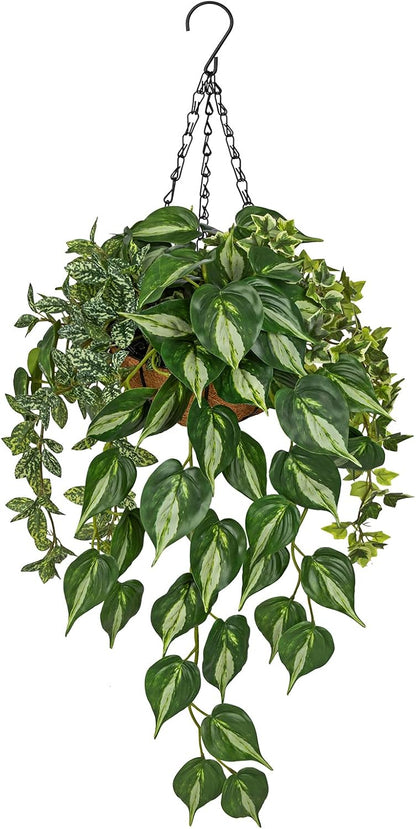 Fake Hanging Plant with Pot, Large Hanging Artificial Plants with Basket & Hanger Faux Greenery Plants Indoor Outdoor Decor Fake Alocasia Longiloba Plant in Pot for Wall Balcony Patio Office Bathroom