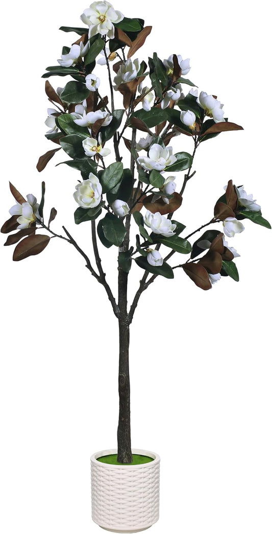 6ft Faux Magnolia Flower Tree Indoor Artificial White Floral Tree with Easy Plug-in Assembly, Realistic Large Fake Greenery Floor Plant for Modern Farmhouse Home Corner Office Decor