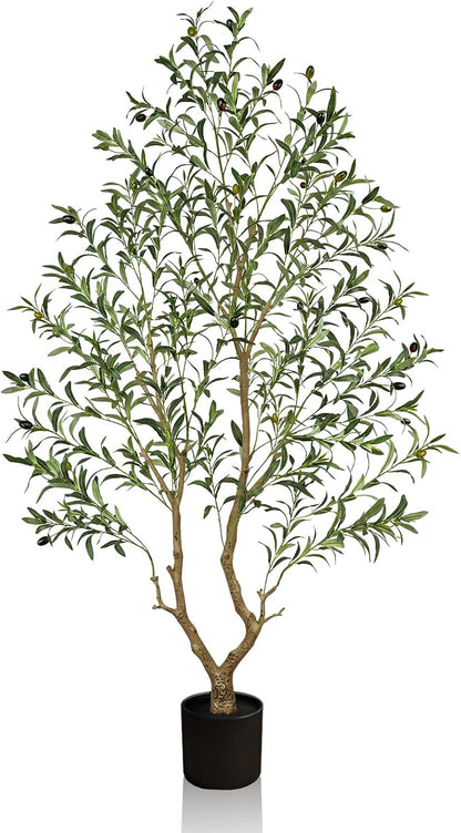 Olive Trees Artificial Indoor 7FT Tall, Faux Olive Tree with Black Basic Planter, Lifelike Fake Olive Plant Decorative, Silk Leaves and Premium Plastic Trunk for Home Living Room Office Decor