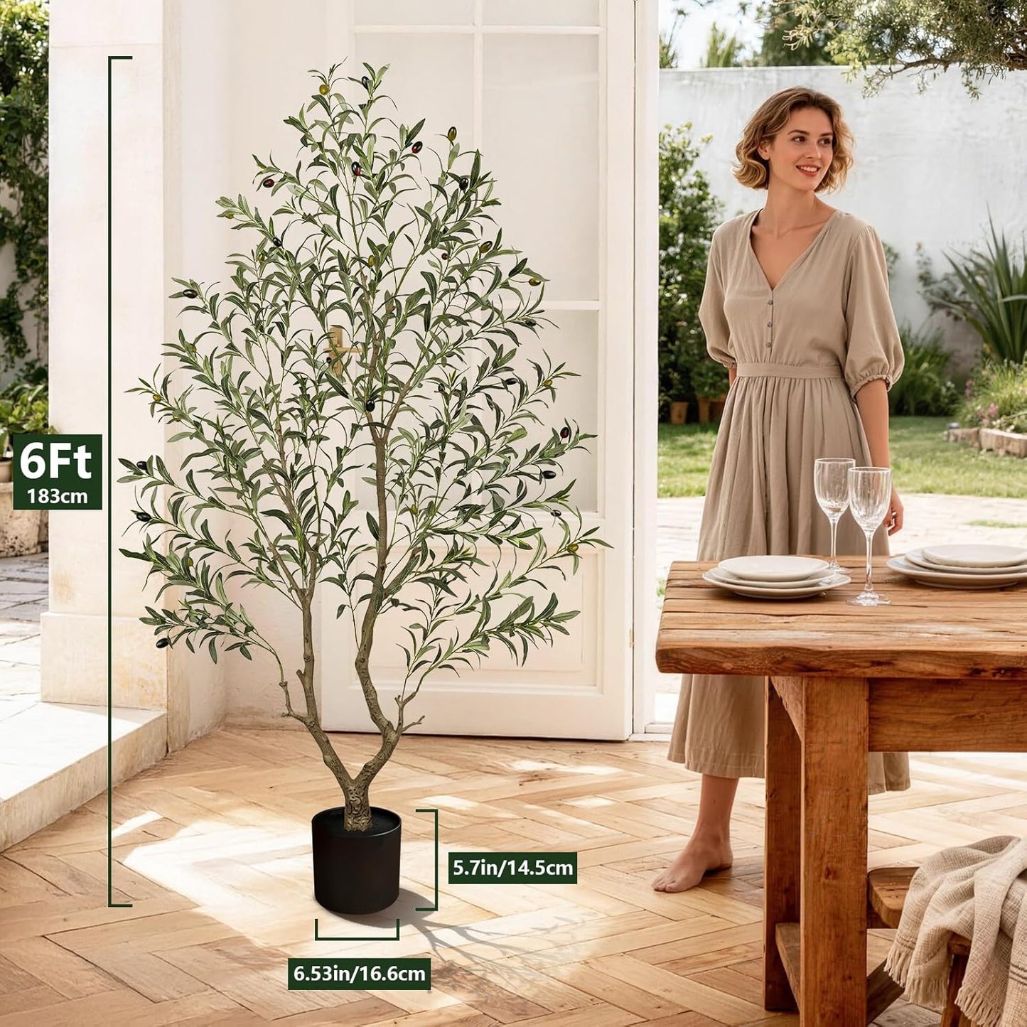 Olive Trees Artificial Indoor 7FT Tall, Faux Olive Tree with Black Basic Planter, Lifelike Fake Olive Plant Decorative, Silk Leaves and Premium Plastic Trunk for Home Living Room Office Decor