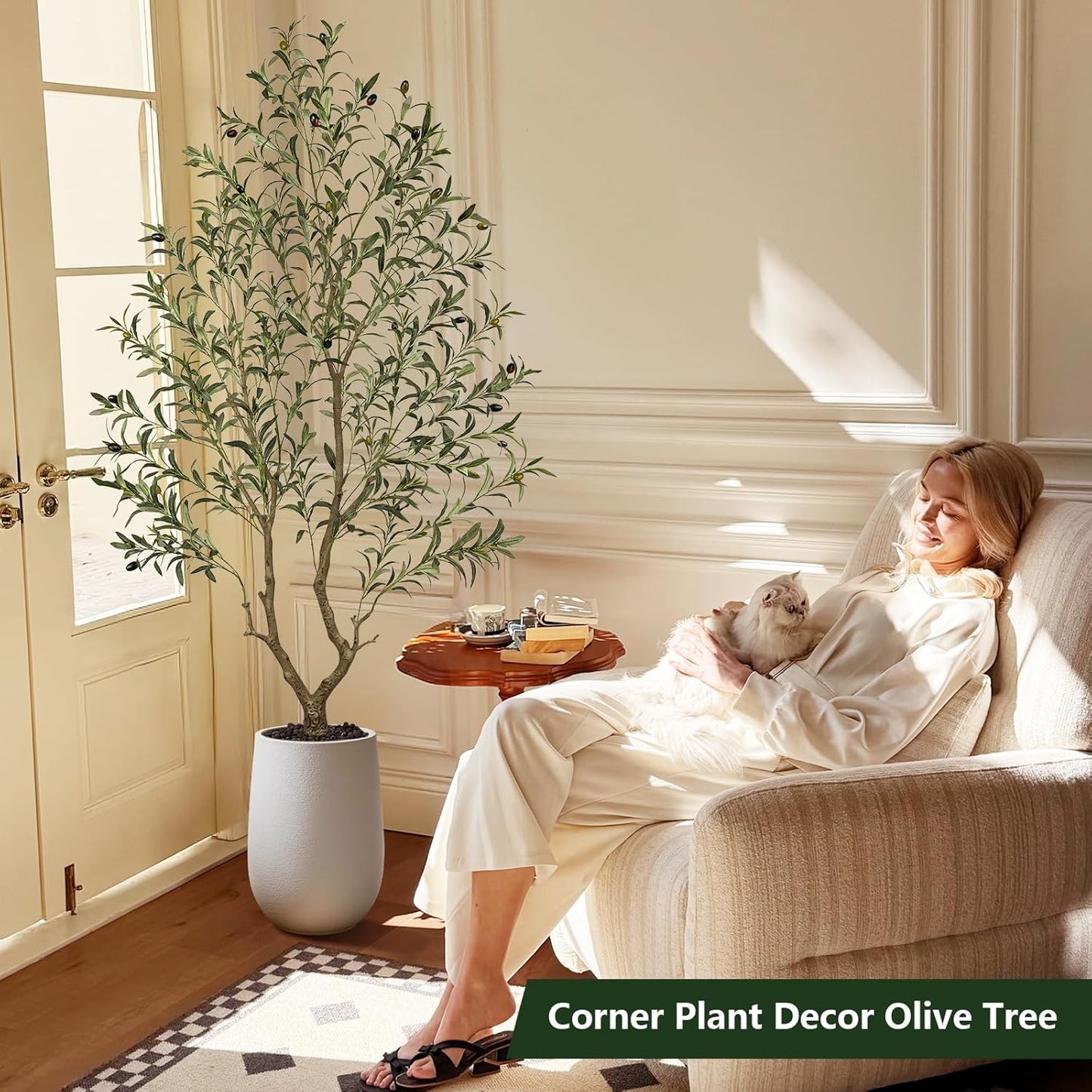 Olive Trees Artificial Indoor 7FT Tall, Faux Olive Tree with Black Basic Planter, Lifelike Fake Olive Plant Decorative, Silk Leaves and Premium Plastic Trunk for Home Living Room Office Decor