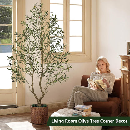 Olive Trees Artificial Indoor 7FT Tall, Faux Olive Tree with Black Basic Planter, Lifelike Fake Olive Plant Decorative, Silk Leaves and Premium Plastic Trunk for Home Living Room Office Decor