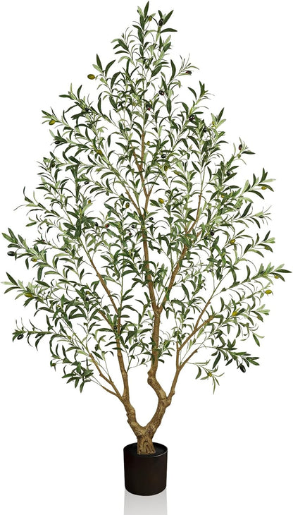 Olive Trees Artificial Indoor 7FT Tall, Faux Olive Tree with Black Basic Planter, Lifelike Fake Olive Plant Decorative, Silk Leaves and Premium Plastic Trunk for Home Living Room Office Decor
