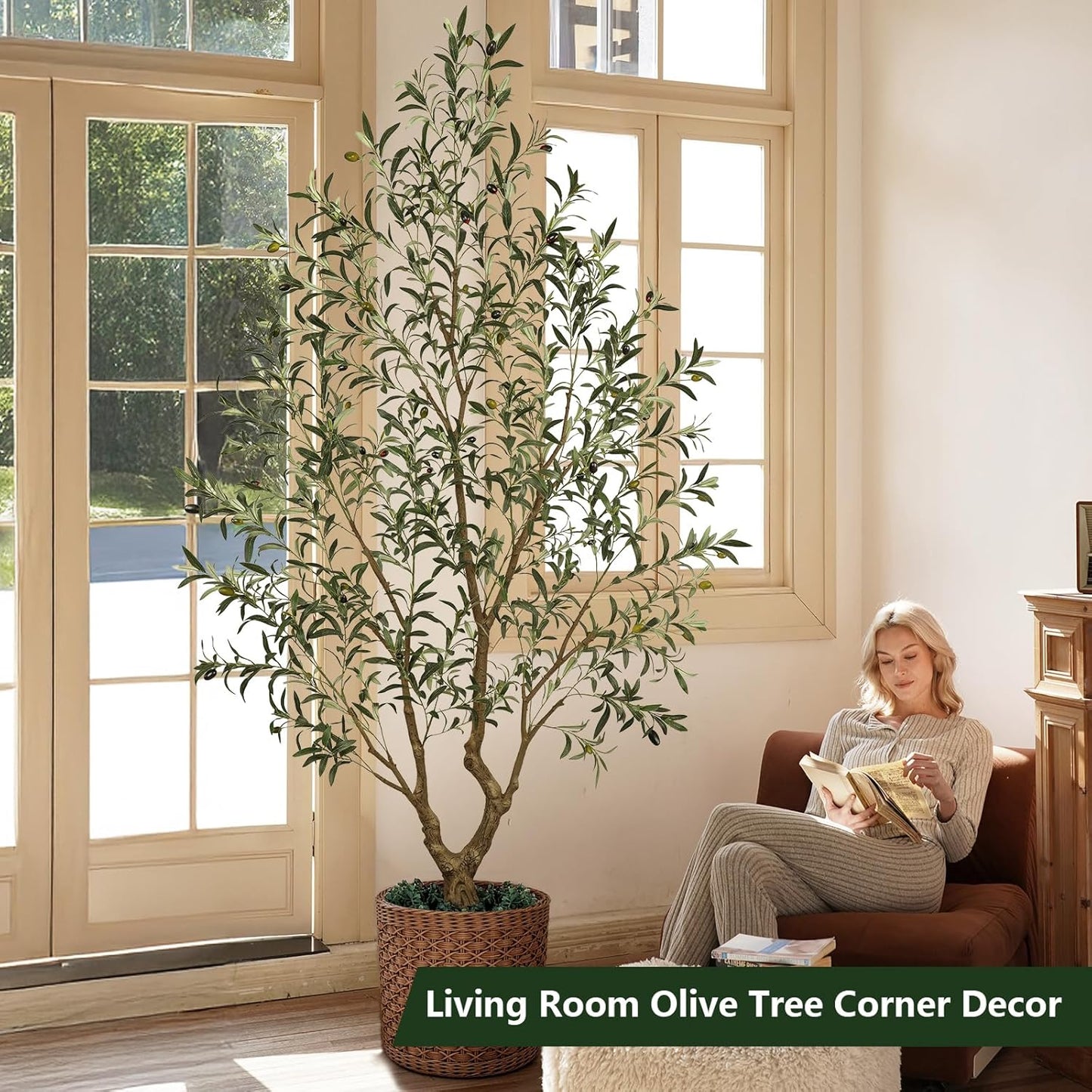 Olive Trees Artificial Indoor 7FT Tall, Faux Olive Tree with Black Basic Planter, Lifelike Fake Olive Plant Decorative, Silk Leaves and Premium Plastic Trunk for Home Living Room Office Decor