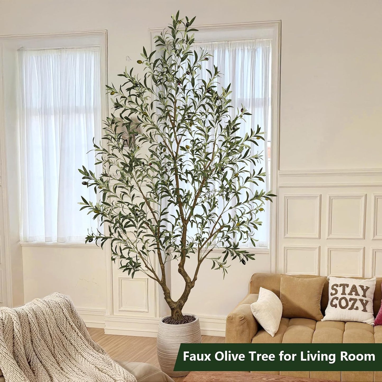 Olive Trees Artificial Indoor 7FT Tall, Faux Olive Tree with Black Basic Planter, Lifelike Fake Olive Plant Decorative, Silk Leaves and Premium Plastic Trunk for Home Living Room Office Decor