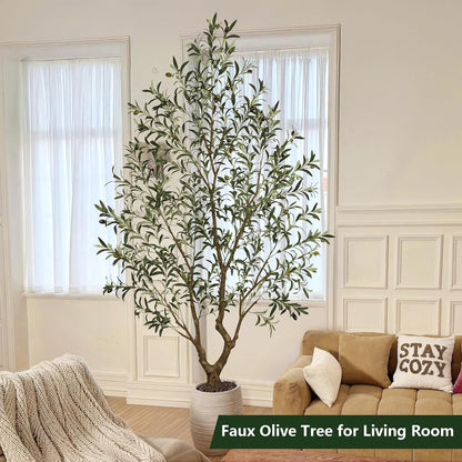 Olive Trees Artificial Indoor 7FT Tall, Faux Olive Tree with Black Basic Planter, Lifelike Fake Olive Plant Decorative, Silk Leaves and Premium Plastic Trunk for Home Living Room Office Decor