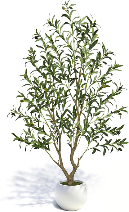 Olive Trees Artificial Indoor 7FT Tall, Faux Olive Tree with Black Basic Planter, Lifelike Fake Olive Plant Decorative, Silk Leaves and Premium Plastic Trunk for Home Living Room Office Decor