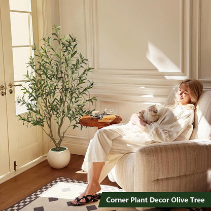Olive Trees Artificial Indoor 7FT Tall, Faux Olive Tree with Black Basic Planter, Lifelike Fake Olive Plant Decorative, Silk Leaves and Premium Plastic Trunk for Home Living Room Office Decor