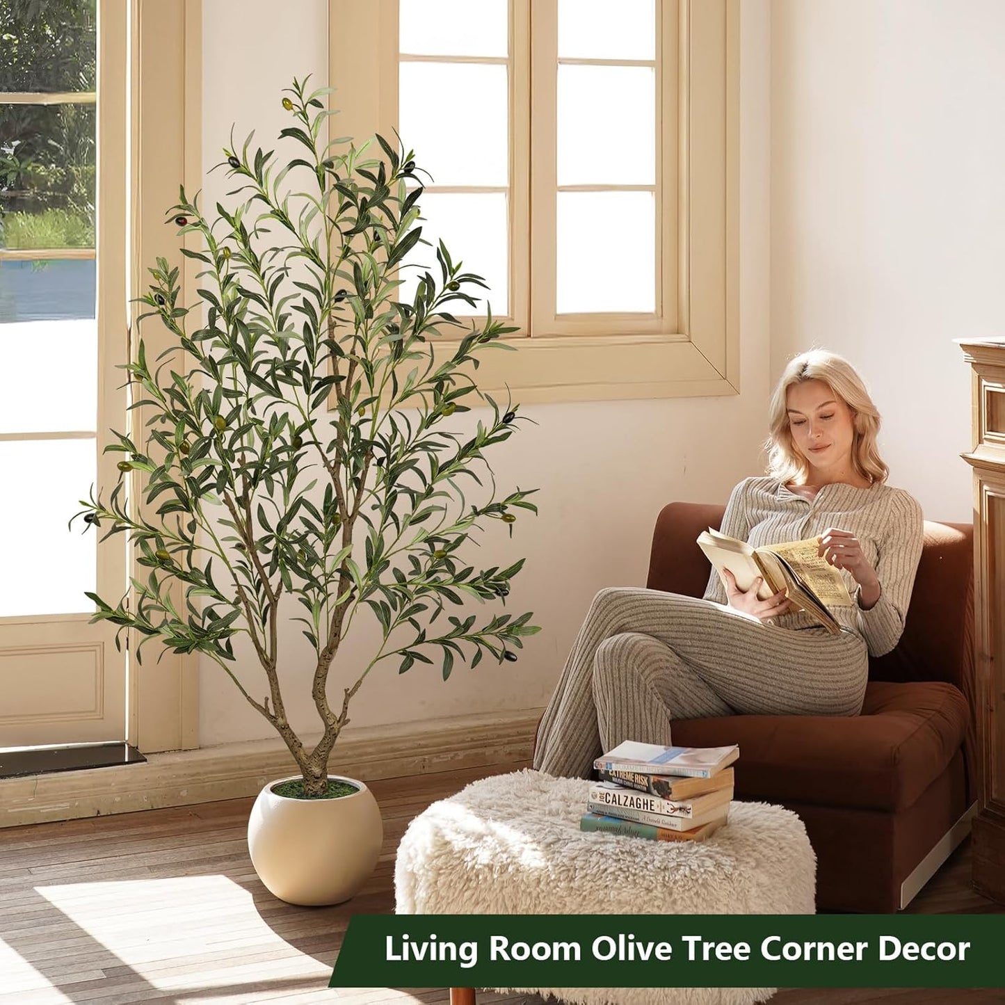 Olive Trees Artificial Indoor 7FT Tall, Faux Olive Tree with Black Basic Planter, Lifelike Fake Olive Plant Decorative, Silk Leaves and Premium Plastic Trunk for Home Living Room Office Decor