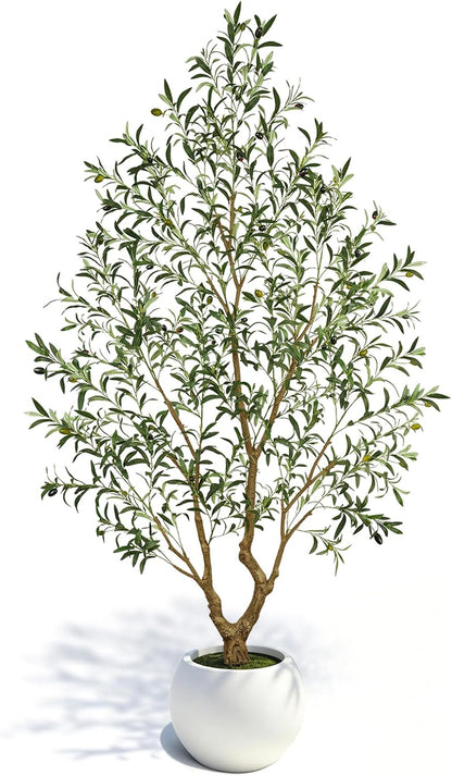 Olive Trees Artificial Indoor 7FT Tall, Faux Olive Tree with Black Basic Planter, Lifelike Fake Olive Plant Decorative, Silk Leaves and Premium Plastic Trunk for Home Living Room Office Decor