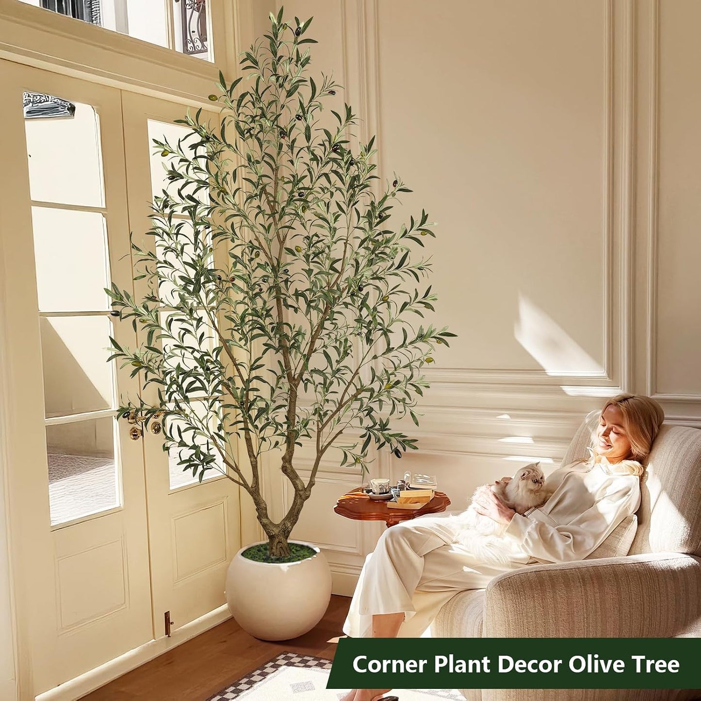 Olive Trees Artificial Indoor 7FT Tall, Faux Olive Tree with Black Basic Planter, Lifelike Fake Olive Plant Decorative, Silk Leaves and Premium Plastic Trunk for Home Living Room Office Decor
