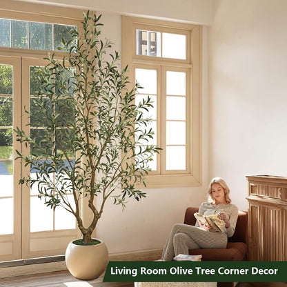 Olive Trees Artificial Indoor 7FT Tall, Faux Olive Tree with Black Basic Planter, Lifelike Fake Olive Plant Decorative, Silk Leaves and Premium Plastic Trunk for Home Living Room Office Decor