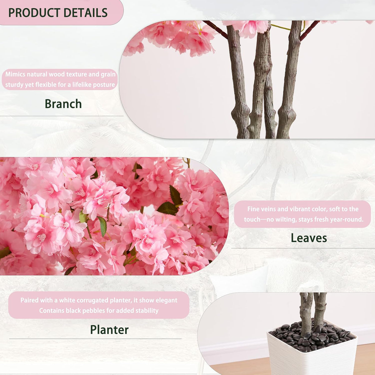 Artificial Cherry Blossom Tree 5FT, Pink Large Fake Plants Indoor