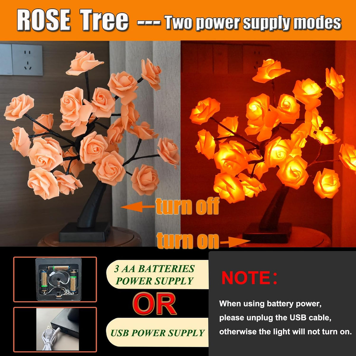 24 LED Orange Rose Tree Light, Artificial Bonsai Flower Table Lamp, USB Battery Powered Romantic Night Light for Bedroom Living Room Party Wedding, Valentine's Day Mother's Day for Her