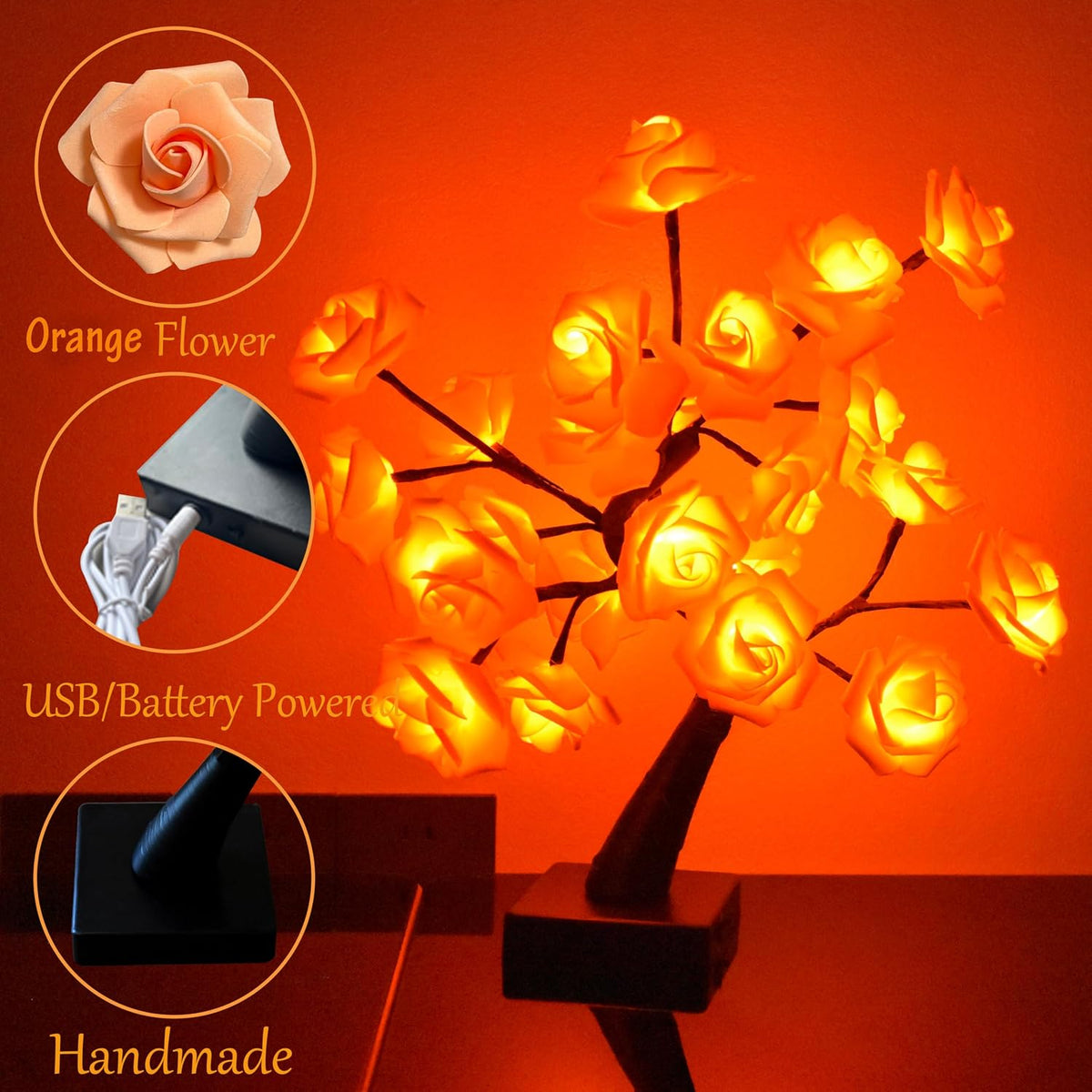 24 LED Orange Rose Tree Light, Artificial Bonsai Flower Table Lamp, USB Battery Powered Romantic Night Light for Bedroom Living Room Party Wedding, Valentine's Day Mother's Day for Her
