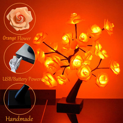 24 LED Orange Rose Tree Light, Artificial Bonsai Flower Table Lamp, USB Battery Powered Romantic Night Light for Bedroom Living Room Party Wedding, Valentine's Day Mother's Day for Her