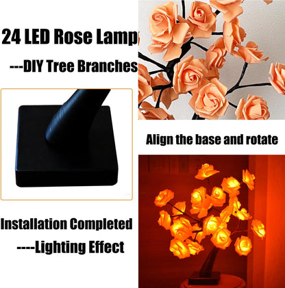 24 LED Orange Rose Tree Light, Artificial Bonsai Flower Table Lamp, USB Battery Powered Romantic Night Light for Bedroom Living Room Party Wedding, Valentine's Day Mother's Day for Her