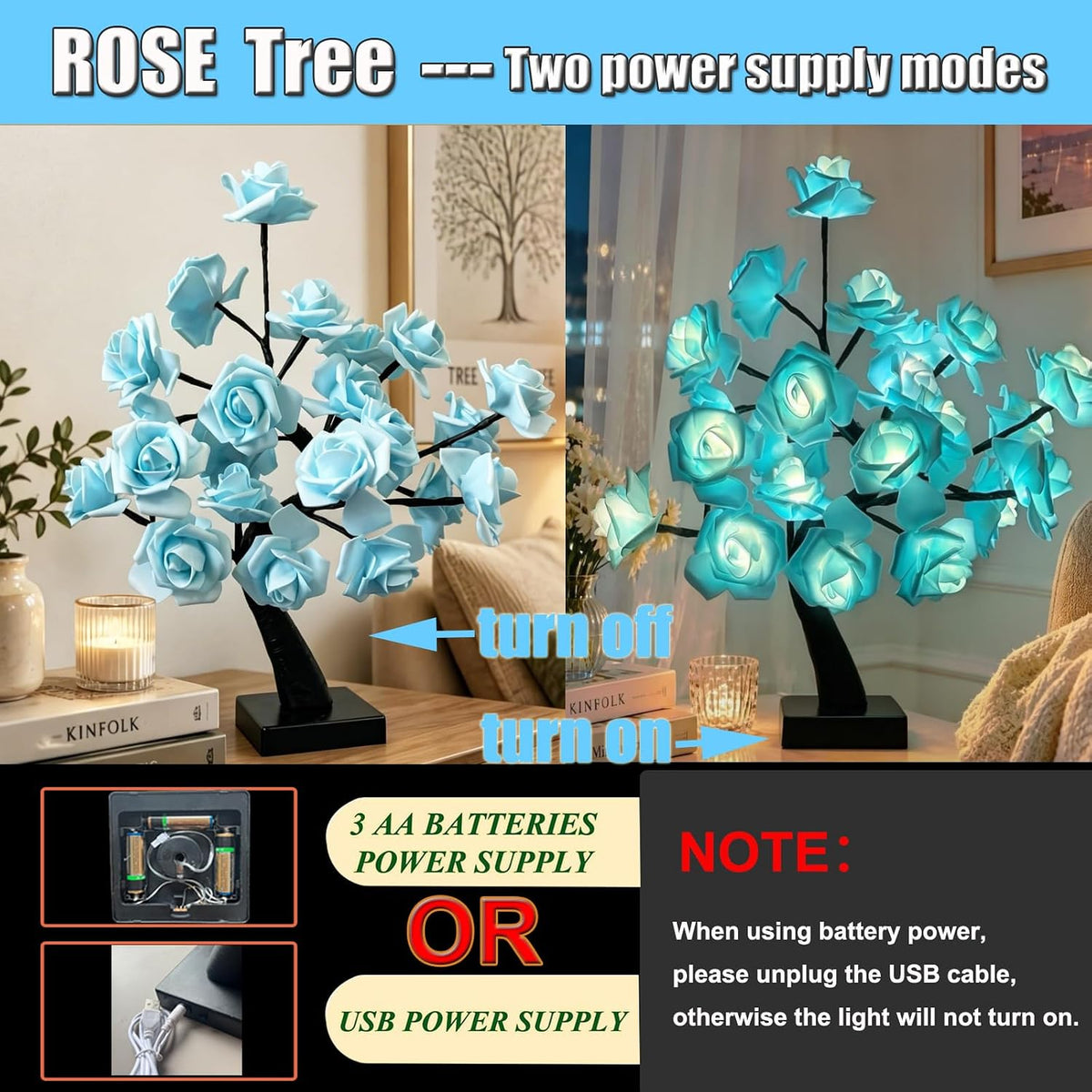 24 LED Orange Rose Tree Light, Artificial Bonsai Flower Table Lamp, USB Battery Powered Romantic Night Light for Bedroom Living Room Party Wedding, Valentine's Day Mother's Day for Her