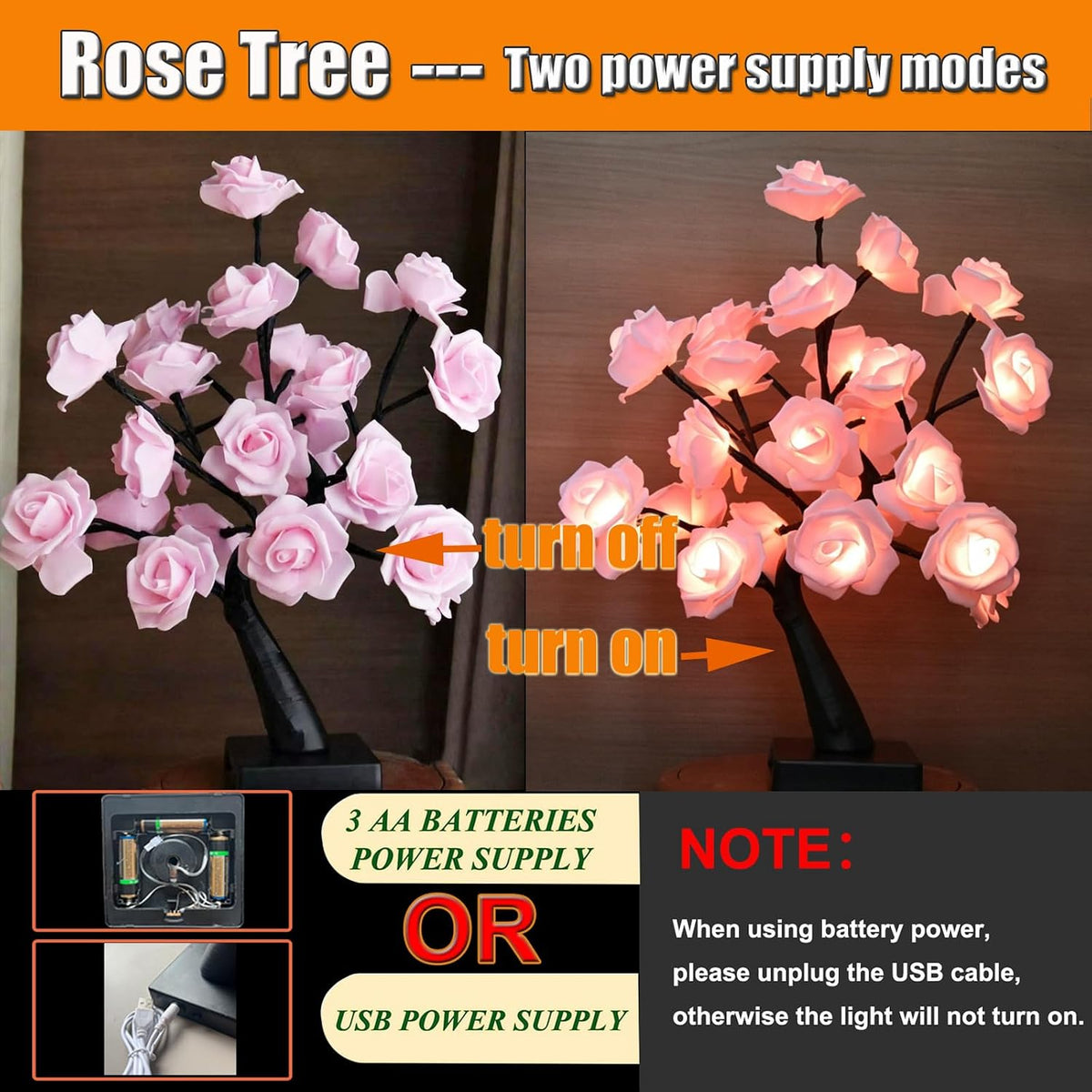 24 LED Orange Rose Tree Light, Artificial Bonsai Flower Table Lamp, USB Battery Powered Romantic Night Light for Bedroom Living Room Party Wedding, Valentine's Day Mother's Day for Her