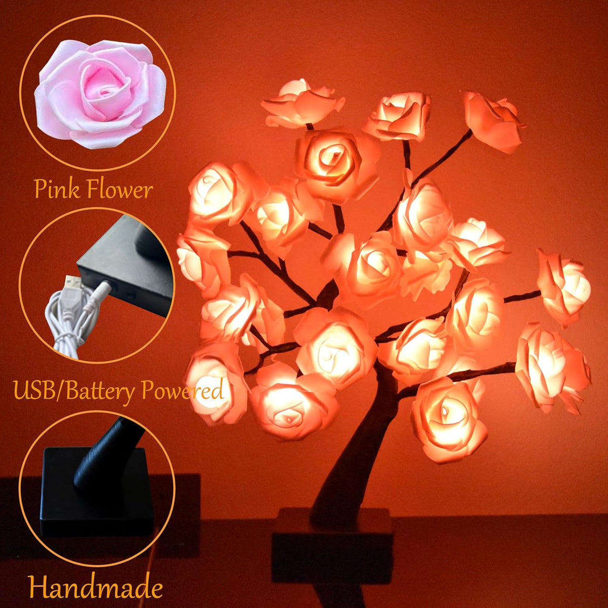 24 LED Orange Rose Tree Light, Artificial Bonsai Flower Table Lamp, USB Battery Powered Romantic Night Light for Bedroom Living Room Party Wedding, Valentine's Day Mother's Day for Her