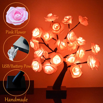 24 LED Orange Rose Tree Light, Artificial Bonsai Flower Table Lamp, USB Battery Powered Romantic Night Light for Bedroom Living Room Party Wedding, Valentine's Day Mother's Day for Her