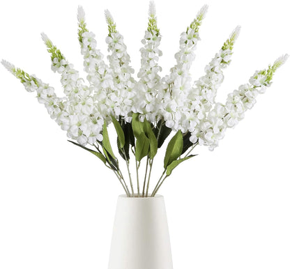 8PCS White Snapdragon Artificial Flowers Delphinium Artificial Silk Flowers Long Stem Hyacinth Fake Flowers for Wedding Home Outdoor Party Floral Arrangement Centerpiece Table Decoration (White)