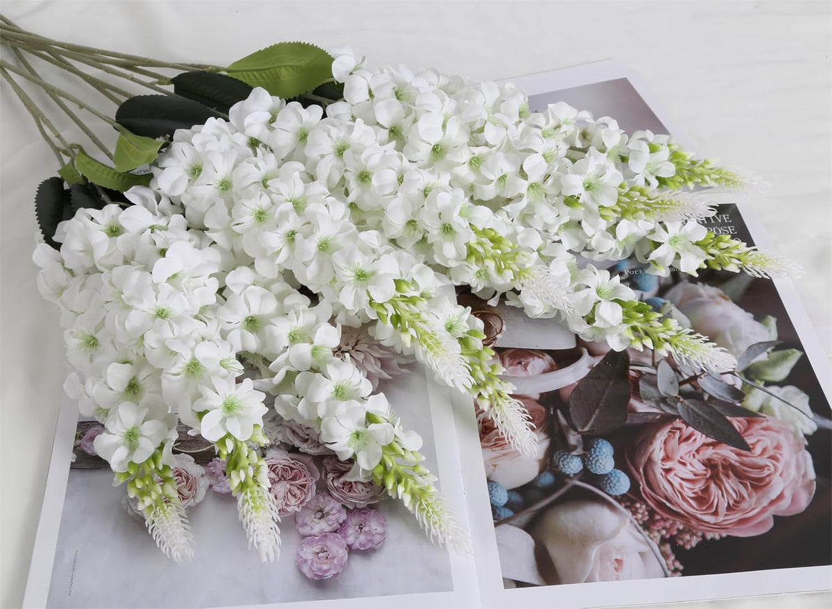 8PCS White Snapdragon Artificial Flowers Delphinium Artificial Silk Flowers Long Stem Hyacinth Fake Flowers for Wedding Home Outdoor Party Floral Arrangement Centerpiece Table Decoration (White)