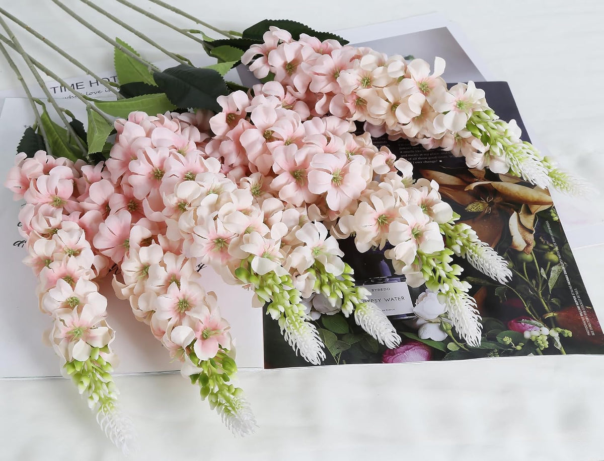 8PCS White Snapdragon Artificial Flowers Delphinium Artificial Silk Flowers Long Stem Hyacinth Fake Flowers for Wedding Home Outdoor Party Floral Arrangement Centerpiece Table Decoration (White)