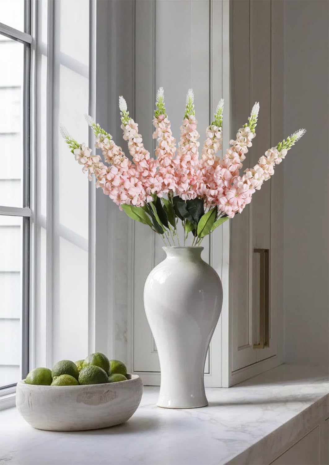 8PCS White Snapdragon Artificial Flowers Delphinium Artificial Silk Flowers Long Stem Hyacinth Fake Flowers for Wedding Home Outdoor Party Floral Arrangement Centerpiece Table Decoration (White)