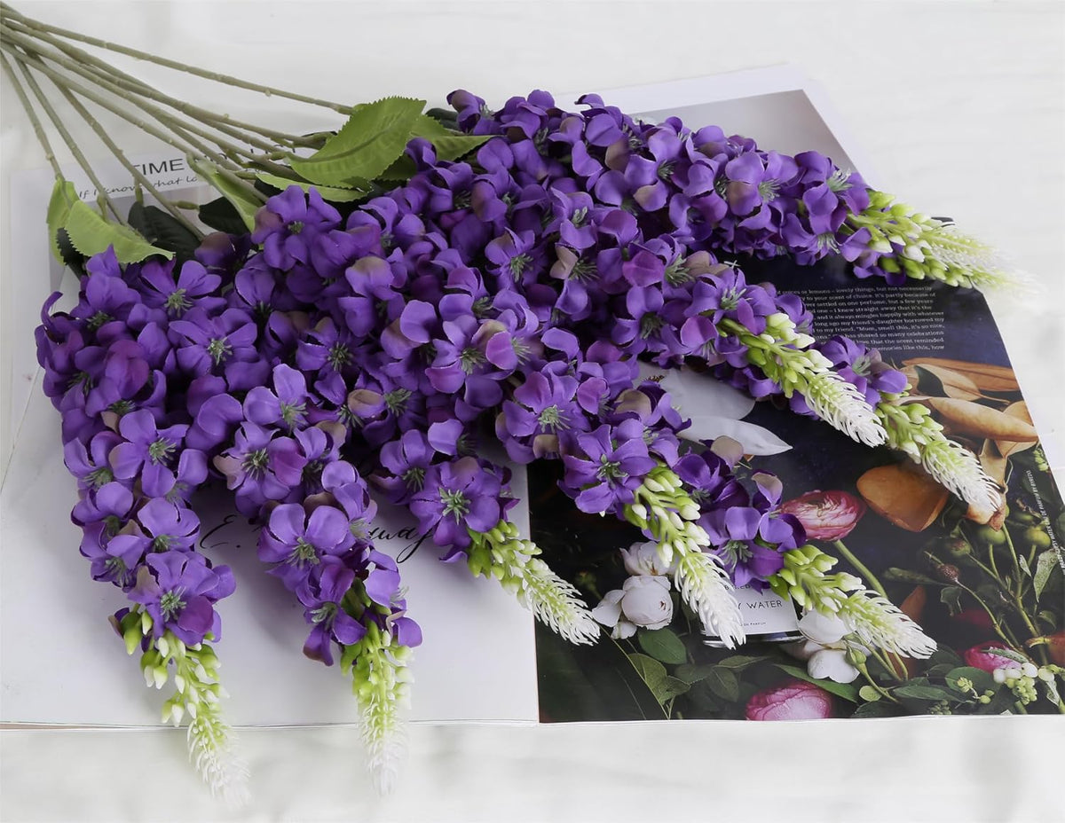 8PCS White Snapdragon Artificial Flowers Delphinium Artificial Silk Flowers Long Stem Hyacinth Fake Flowers for Wedding Home Outdoor Party Floral Arrangement Centerpiece Table Decoration (White)